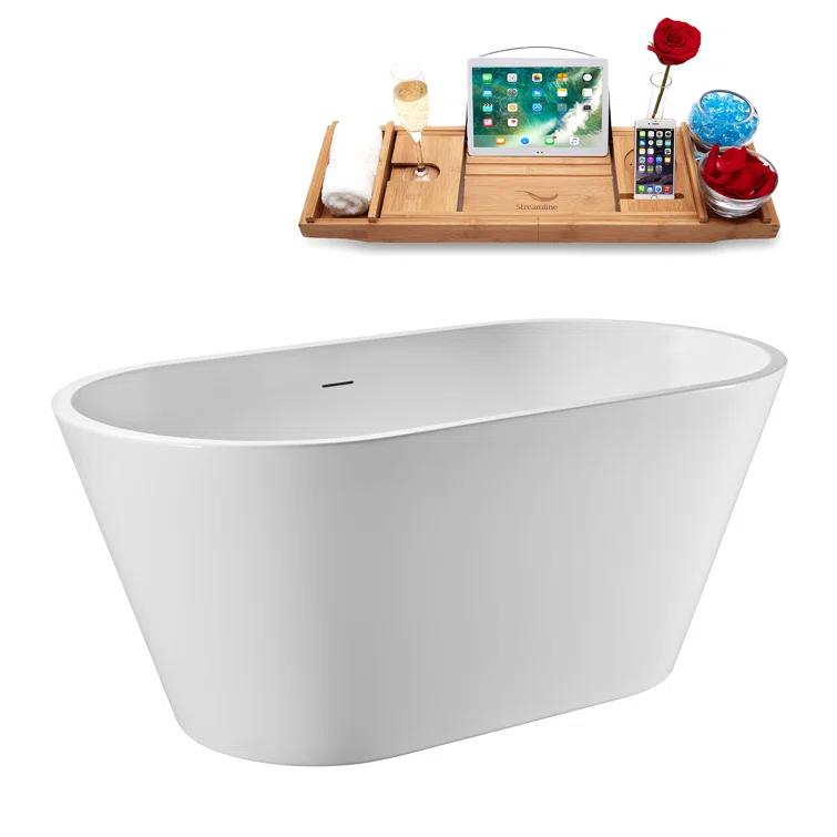 55" Streamline Soaking Glossy White Freestanding Tub and Tray With Internal Drain