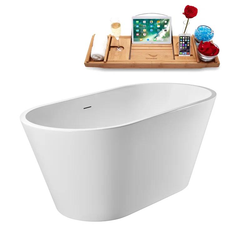 55" Streamline Soaking Glossy White Freestanding Tub and Tray With Internal Drain