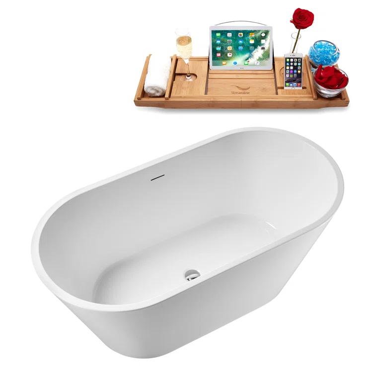 55" Streamline Soaking Glossy White Freestanding Tub and Tray With Internal Drain