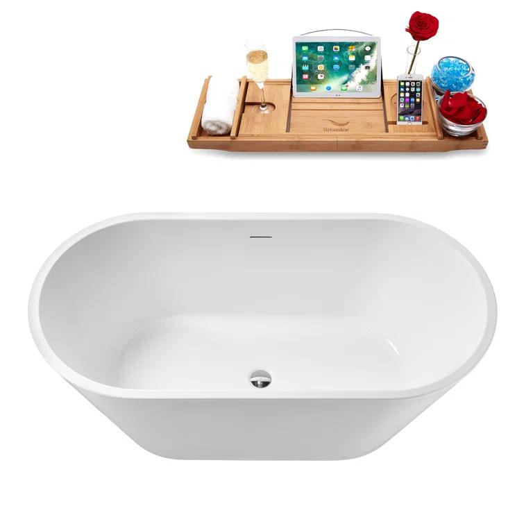 55" Streamline Soaking Glossy White Freestanding Tub and Tray With Internal Drain