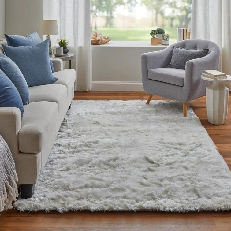 Freya Plush Shag Area Rug with Metallic Sheen, Bright White, 7ft-6in x 9ft-6in