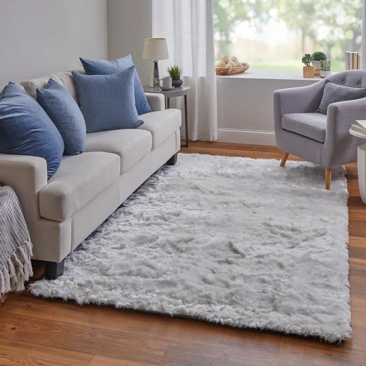 Freya Plush Shag Area Rug with Metallic Sheen, Bright White, 7ft-6in x 9ft-6in