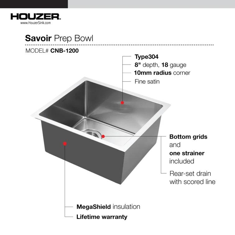 Houzer Savoir Undermount Stainless Steel 12" x 14" Bar Prep Sink, Strainer & Grid Included
