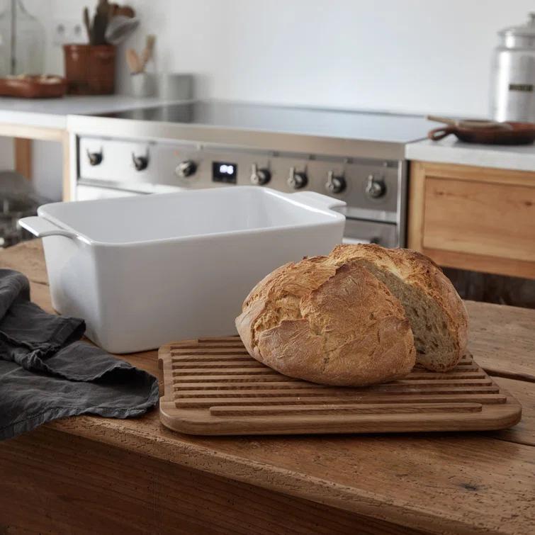 White Rectangular Bread Box with Oak Wood Lid