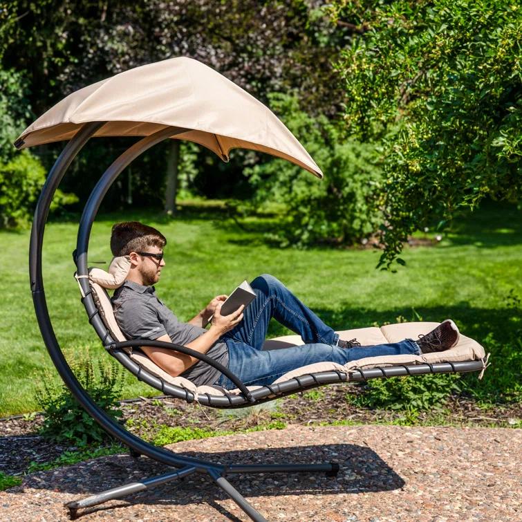 Steel Outdoor Floating Chaise Lounge Chair with Canopy with Stand