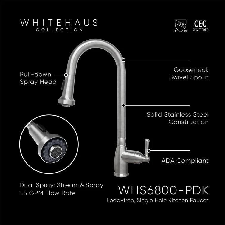 Whitehaus Collection Stainless Steel Single Lever Gooseneck Kitchen Faucet with Pull-down Spray Head