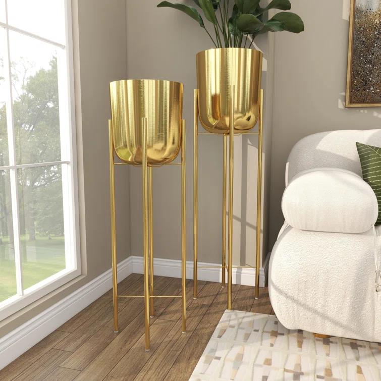 CosmoLiving by Cosmopolitan 2 - Piece Silver Metal Tall Indoor Outdoor Dome Indoor Outdoor Planter with Removable Stand Set