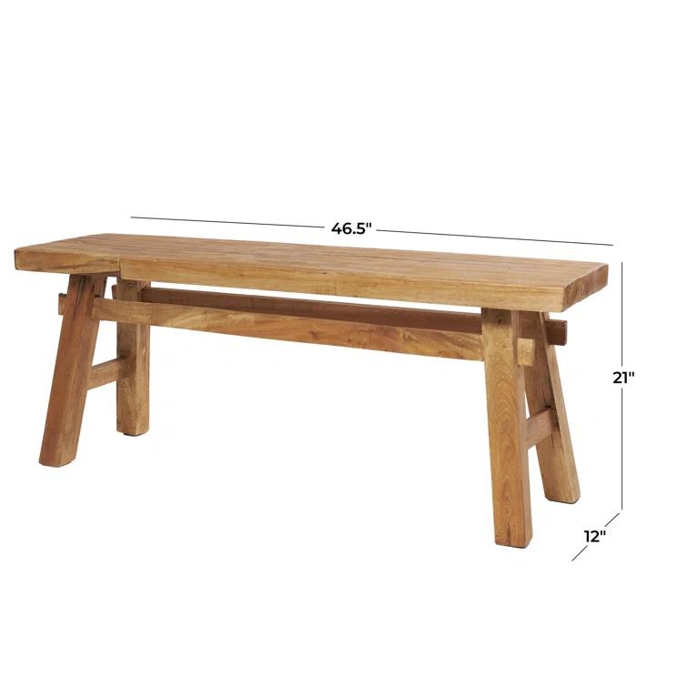Milani Brown Wood Handmade Distressed Bench with High Trestle Legs 47" x 12" x 21"