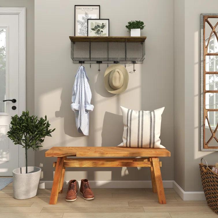 Milani Brown Wood Handmade Distressed Bench with High Trestle Legs 47" x 12" x 21"