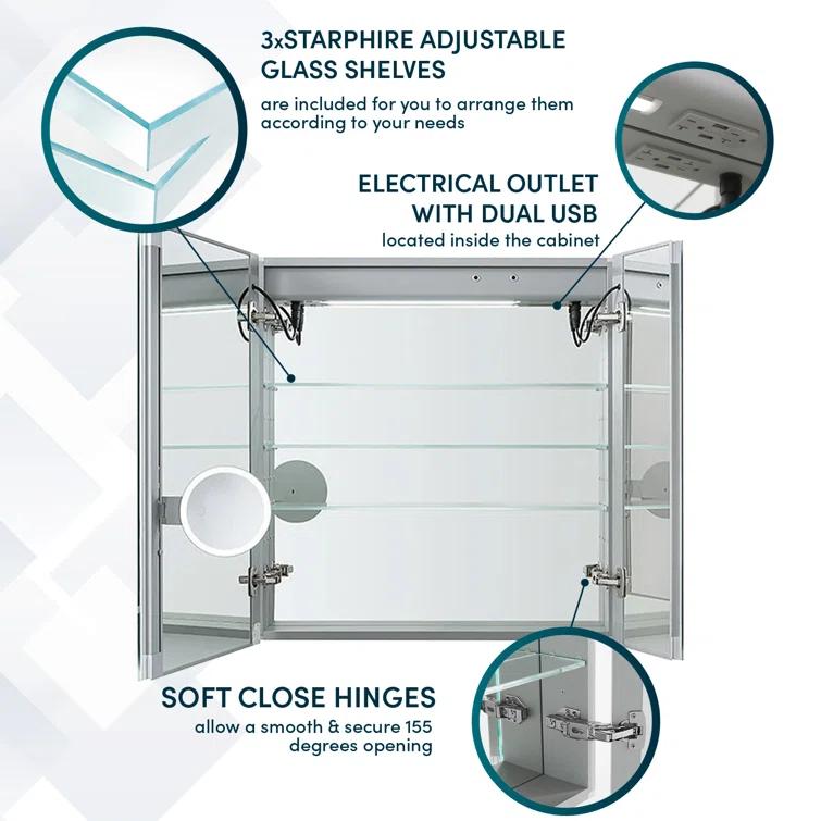 AQUADOM AQUADOM Signature Royale LED Medicine Cabinet with Defogger, Electrical Outlets, Digital Clock, Dimmer, Adjustable LED 3X Magnifying Mirror