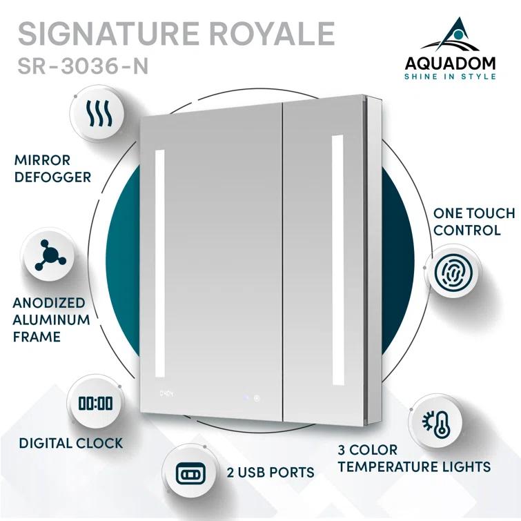 AQUADOM AQUADOM Signature Royale LED Medicine Cabinet with Defogger, Electrical Outlets, Digital Clock, Dimmer, Adjustable LED 3X Magnifying Mirror