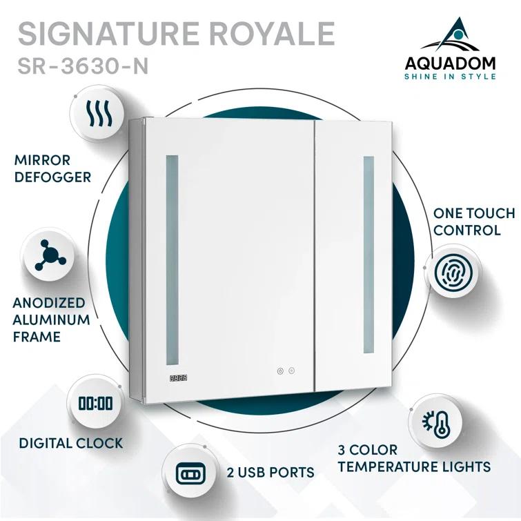 AQUADOM AQUADOM Signature Royale LED Medicine Cabinet with Defogger, Electrical Outlets, Digital Clock, Dimmer, Adjustable LED 3X Magnifying Mirror