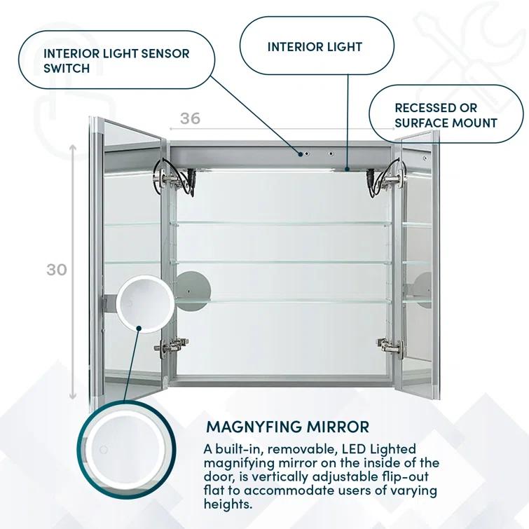 AQUADOM AQUADOM Signature Royale LED Medicine Cabinet with Defogger, Electrical Outlets, Digital Clock, Dimmer, Adjustable LED 3X Magnifying Mirror
