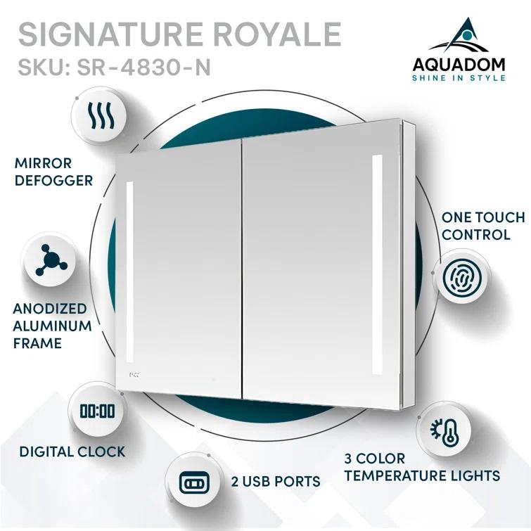 AQUADOM Signature Royale LED Medicine Cabinet with Defogger, Electrical Outlets, Digital Clock, Dimmer, Adjustable LED 3X Magnifying Mirror