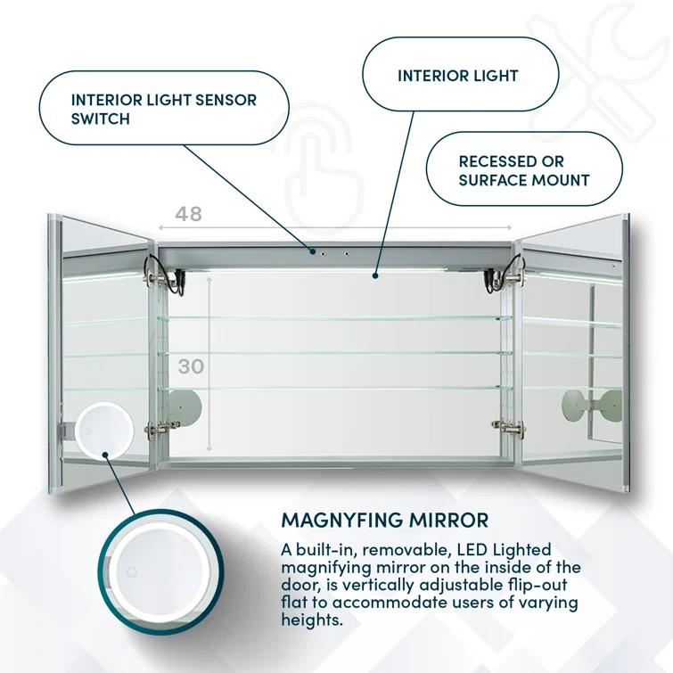 AQUADOM Signature Royale LED Medicine Cabinet with Defogger, Electrical Outlets, Digital Clock, Dimmer, Adjustable LED 3X Magnifying Mirror