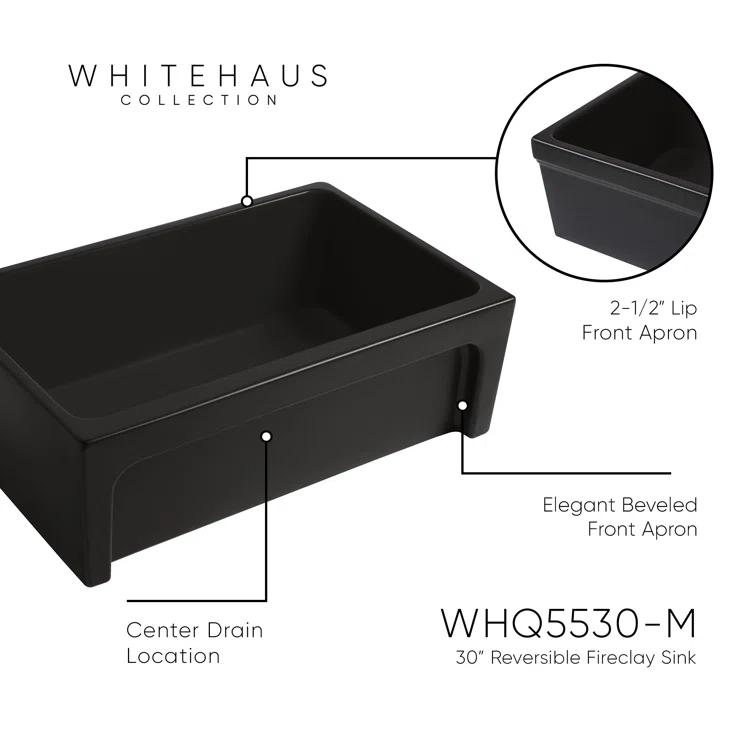 Whitehaus Collection 30” Reversible Single Bowl Fireclay Kitchen Sink: Beveled, Lip Front Apron
