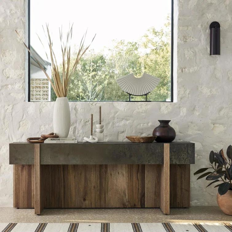 Mackinley 78.75" Rectangular Iron and Natural Oak Wood Console Table