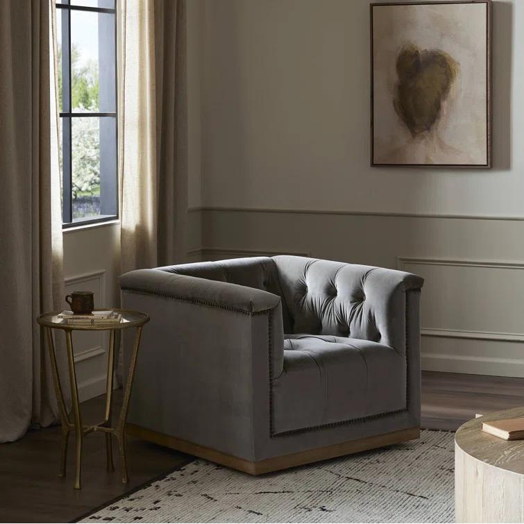 Handcrafted Dark Brown Leather Swivel Accent Chair with Wood Base