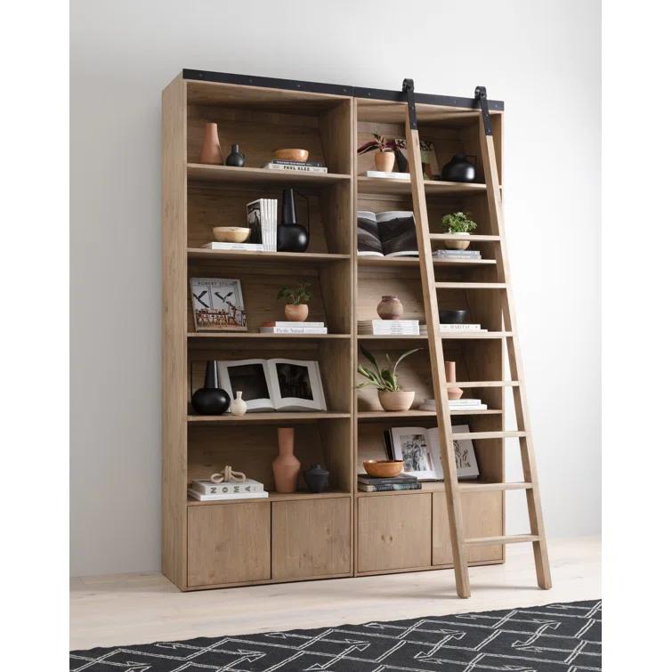 Smoked Pine Contemporary Ladder Bookshelf with Black Iron Accents