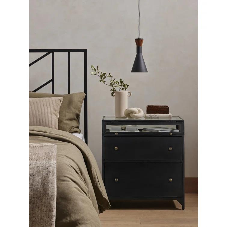 Belmont Matte Black Iron 2-Drawer Nightstand with Glass Enclosure