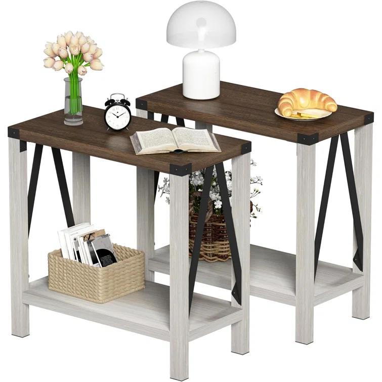 Gracie Oaks Farmhouse End Table For Small Spaces, Narrow Side End Table With Storage Shelf, Rustic A-Design Nightstand Sofa Table For Living Room, Bedroom 2 Pack