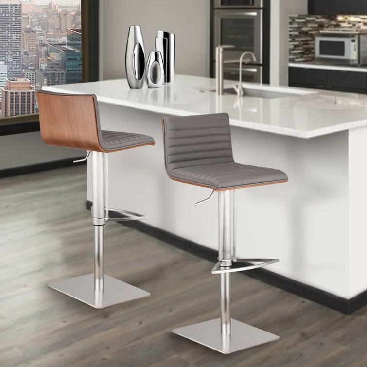 Cafa Adjustable Swivel Walnut Wood and Stainless Steel Metal Bar Stool