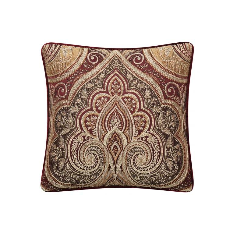 Crimson and Gold Velvet Boho-Chic Square Throw Pillow