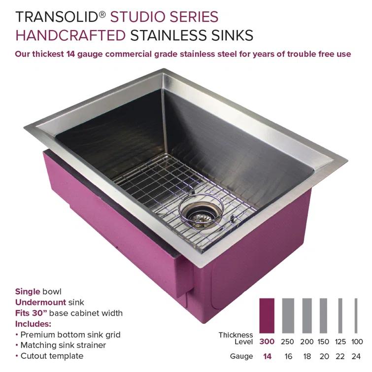 Transolid Studio 26-in x 19-in x 11-in Undermount Stainless Kitchen Sink, SinkPocket, Grid, Strainer