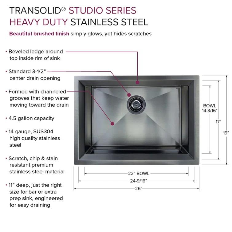 Transolid Studio 26-in x 19-in x 11-in Undermount Stainless Kitchen Sink, SinkPocket, Grid, Strainer