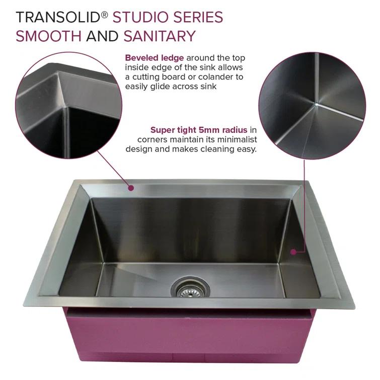 Transolid Studio 26-in x 19-in x 11-in Undermount Stainless Kitchen Sink, SinkPocket, Grid, Strainer