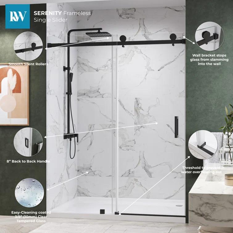 KOBIWORKS Kw03 60 In. W X 76 In. H Single Sliding Frameless Shower Door With 3/8 In. Clear Glass KW036076BL
