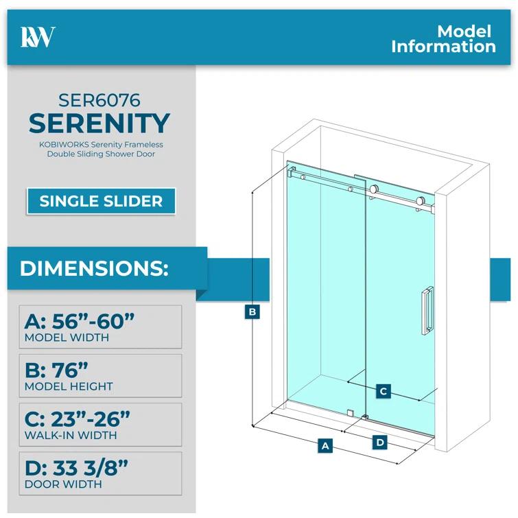 KOBIWORKS Kw03 60 In. W X 76 In. H Single Sliding Frameless Shower Door With 3/8 In. Clear Glass KW036076BL