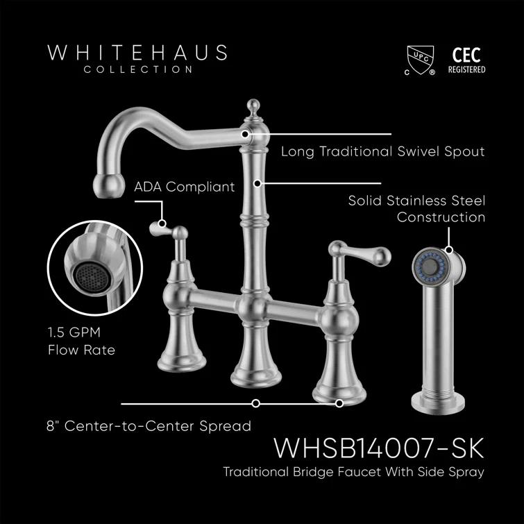 Whitehaus Collection Lead-Free Solid Stainless Steel Bridge Faucet with a Long Traditional Spout, Lever Handles and Side Spray