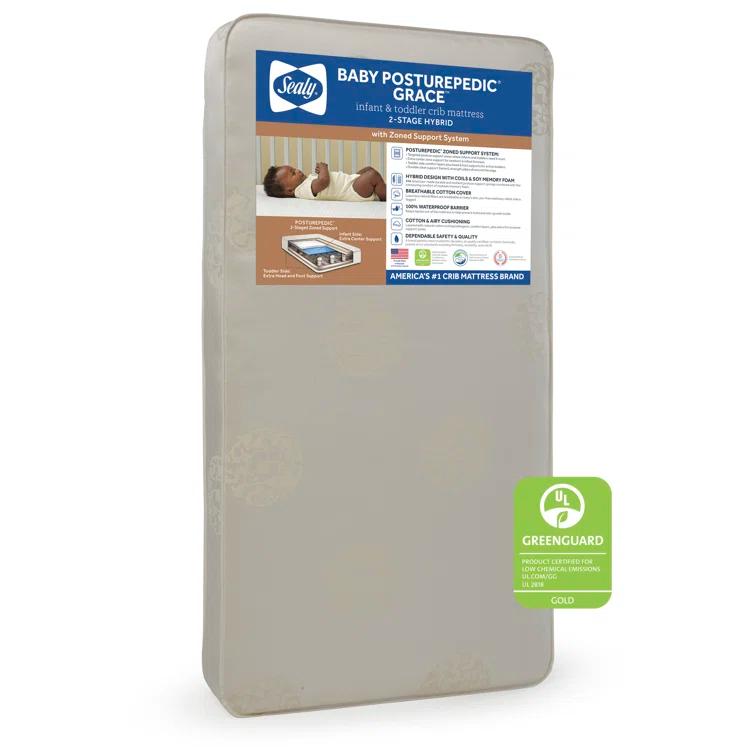 Sealy Posturepedic Grace Breathable Hypoallergenic 2-Stage Waterproof Baby Crib Mattress & Toddler Bed Mattress, GREENGUARD Gold Certified, 52" x 28"