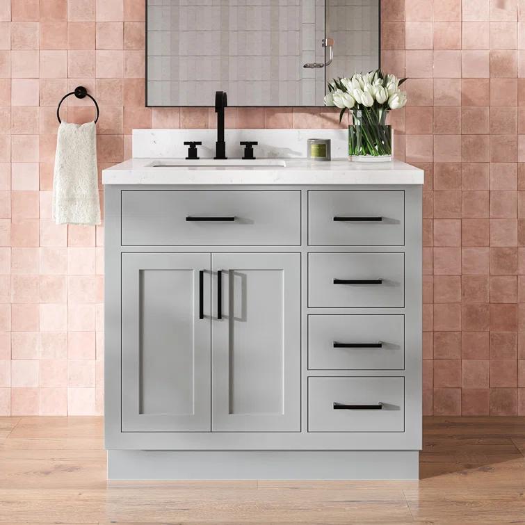Thornaby 36'' Solid Wood Single Bathroom Vanity with 1.5'' Carrara Quartz Top, Left Offset Oval Sink