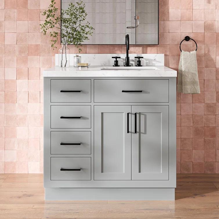 Thornaby 36'' Solid Wood Single Bathroom Vanity with 1.5'' Carrara Quartz Top, Left Offset Oval Sink