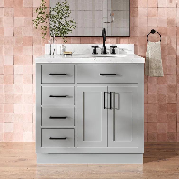 Thornaby 36'' Solid Wood Single Bathroom Vanity with 1.5'' Carrara Quartz Top, Left Offset Oval Sink