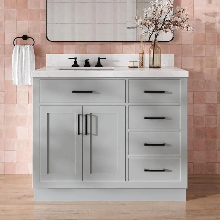 Wildon Home® Tidworth 42'' Solid Wood Single Bathroom Vanity with 1.5'' White Quartz Top, Right Offset Rectangular Sink