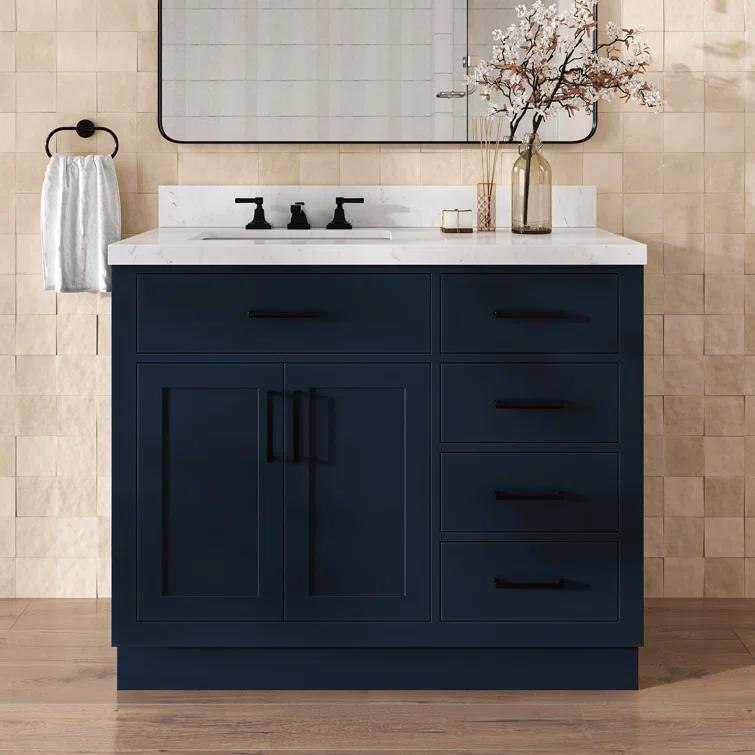 Hokku Designs Thornaby 42'' Solid Wood Single Bathroom Vanity with 1.5'' Carrara Quartz Top, Right Offset Oval Sink