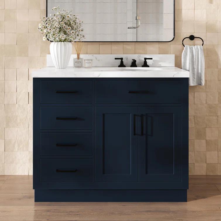 Hokku Designs Thornaby 42'' Solid Wood Single Bathroom Vanity with 1.5'' Carrara Quartz Top, Right Offset Oval Sink