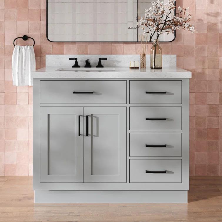 Wildon Home® Tidworth 42'' Solid Wood Single Bathroom Vanity with 1.5'' White Quartz Top, Right Offset Rectangular Sink