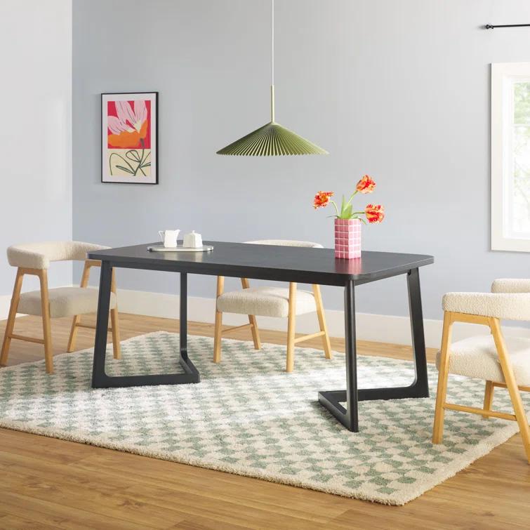 Modern Rectangle Solid Wood Veneer Dining Table for 6 with Geometric Leg Design