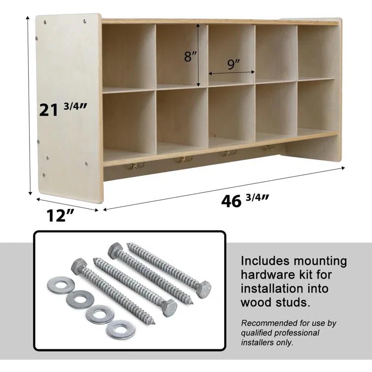 Cubby Storage Organizer with 10 Cubbies, Coat Hooks & Wall-Mounted Hanging Shelf