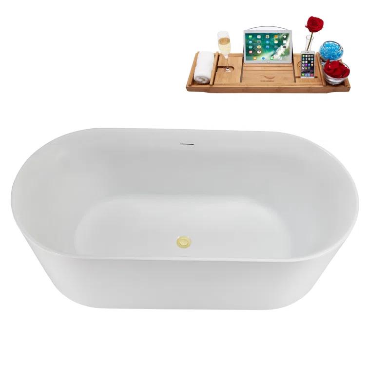 59" Streamline Soaking Freestanding Tub and Tray With Internal Drain