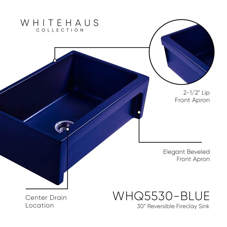 Whitehaus Collection 30” Reversible Single Bowl Fireclay Kitchen Sink: Beveled, Lip Front Apron