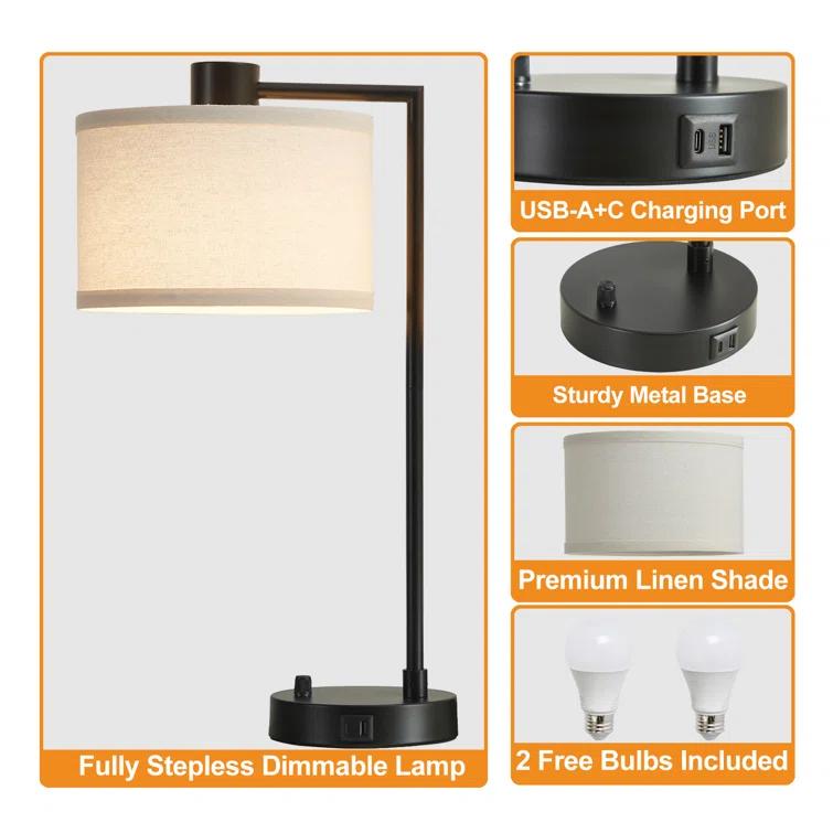 Mercer41 Navreet Table Lamp Set with USB C+A Charging Ports Fully Stepless Dimmable Bedside Lamp (Bulbs Included)  (Set of 2)