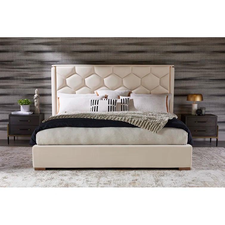 Beige King Upholstered Platform Bed with Tufted Headboard