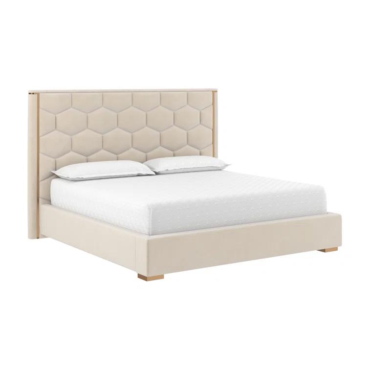 Beige King Upholstered Platform Bed with Tufted Headboard