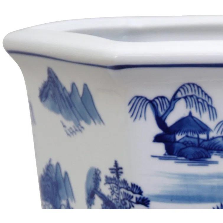 Handmade Porcelain Blue and White Landscape Flower Pot Planter (China)