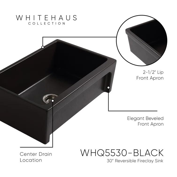 Whitehaus Collection 30” Reversible Single Bowl Fireclay Kitchen Sink: Beveled, Lip Front Apron